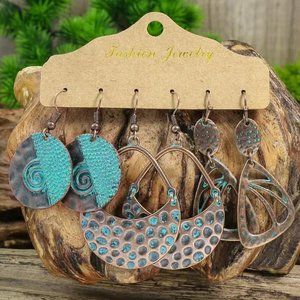 💲💸$10 Set 3 Boho Vintage Folk Charm Dangle Earrings Aged Patina Green Cop…